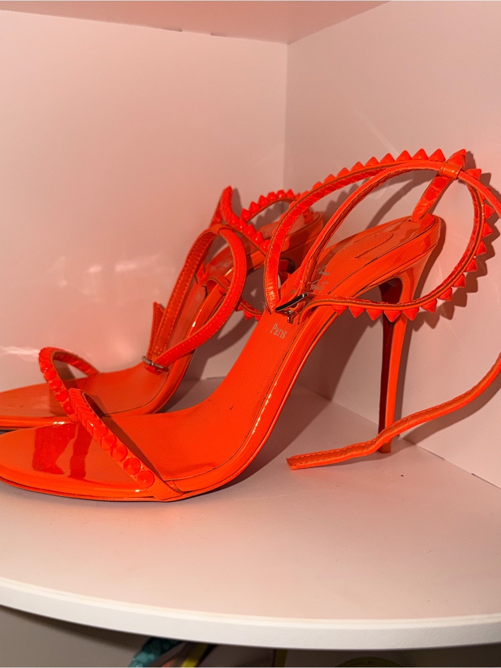 Christian Louboutin Patent Spike-Trim Stiletto Sandals in Bright Orange